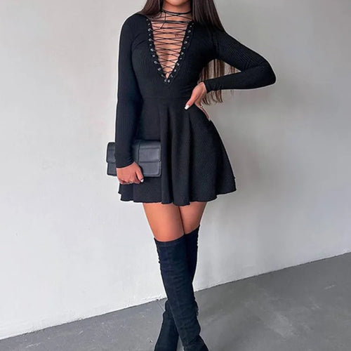 Load image into Gallery viewer, Autumn/Winter Women New Sexy Deep V-neck Long Sleeved Dress Hollow Lace Up Waist Wrap Elegant Party Evening Dress
