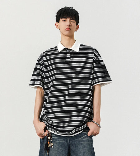 Men's Short Sleeve T-shirts New Summer Korean Contrast Color Striped  Fake Two-Piece Tide Lapel Pullover Male Tees 9W1944