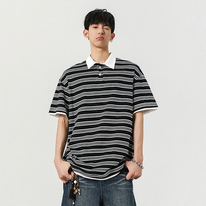 Men's Short Sleeve T-shirts New Summer Korean Contrast Color Striped  Fake Two-Piece Tide Lapel Pullover Male Tees 9W1944