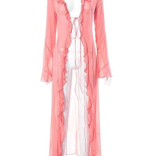 Load image into Gallery viewer, Mesh Long Sleeve Black See Through Cardigan Lace Up Sexy Midi Dress 2023 Summer Women Fashion Beach Party Club Outfit
