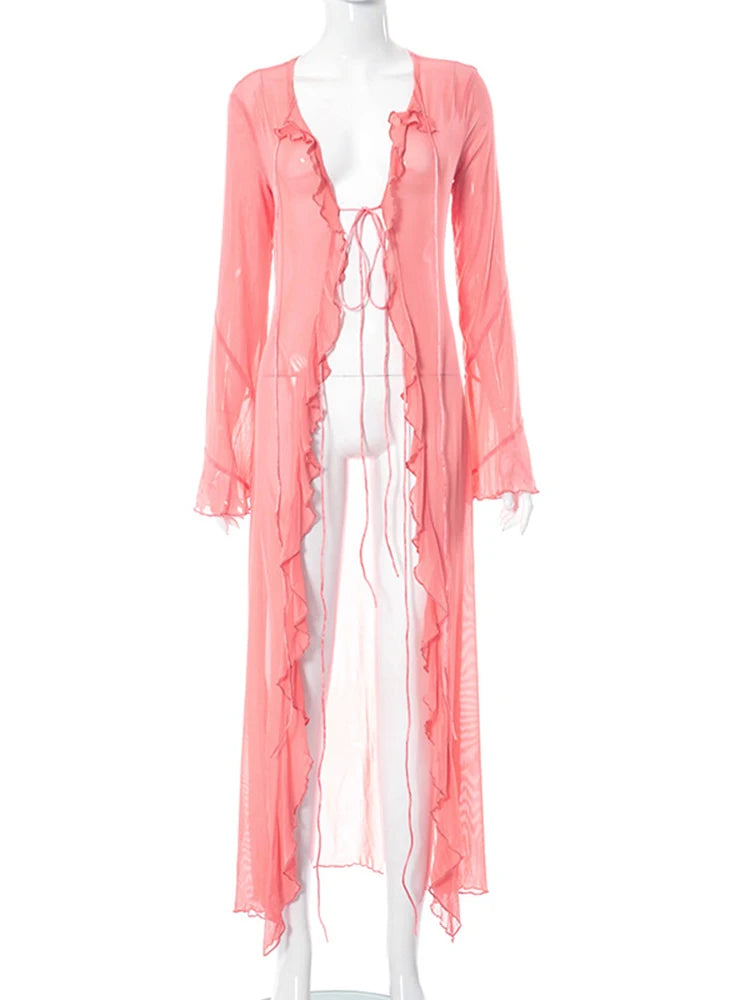 Mesh Long Sleeve Black See Through Cardigan Lace Up Sexy Midi Dress 2023 Summer Women Fashion Beach Party Club Outfit