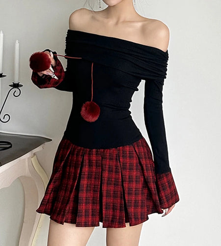 Christmas Style Waist Cinched Pleated Dress Y2K Women Off Shoulder With Chic Bobbles Autumn Plaid Dress Flared Sleeve