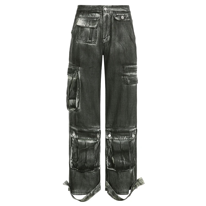 Grunge Streetwear Low Rise Cargo Jeans Female Tie Dye Vintage Design Baggy Pants Denim Pockets Straight Washed Retro