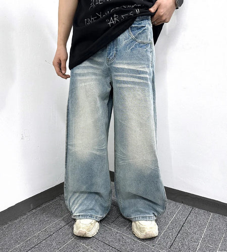 Men's Jeans Summer New American Style High Street Curved Knife Pleated Design Loose Denim Pants Male Trousers 9W1744