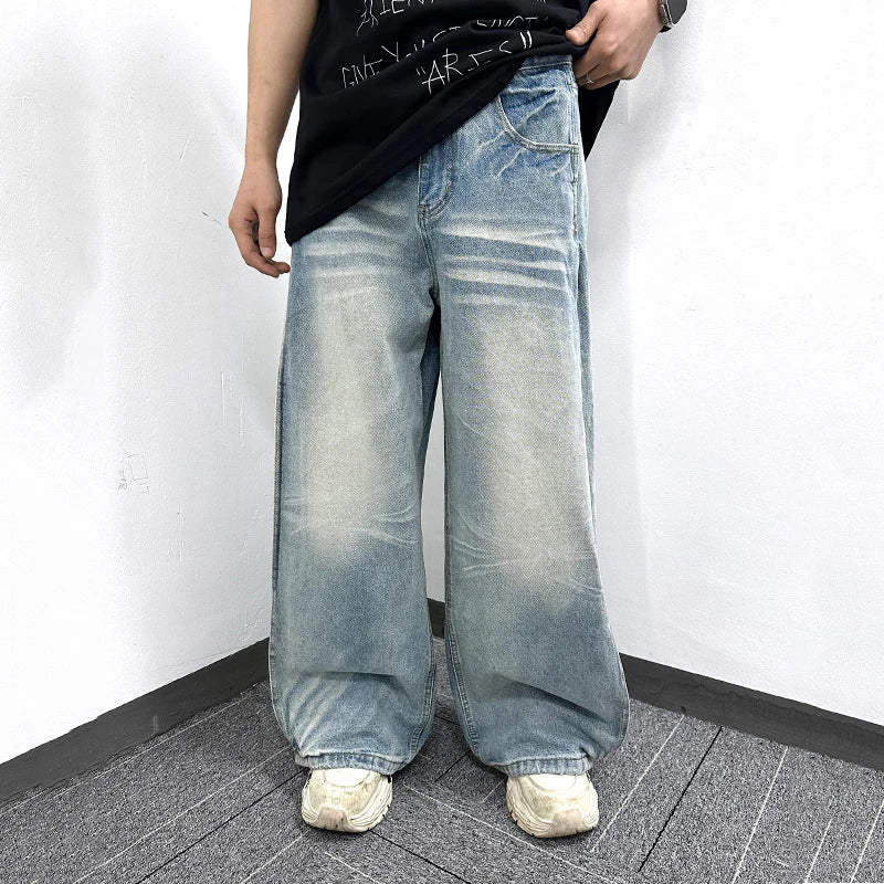 Men's Jeans Summer New American Style High Street Curved Knife Pleated Design Loose Denim Pants Male Trousers 9W1744