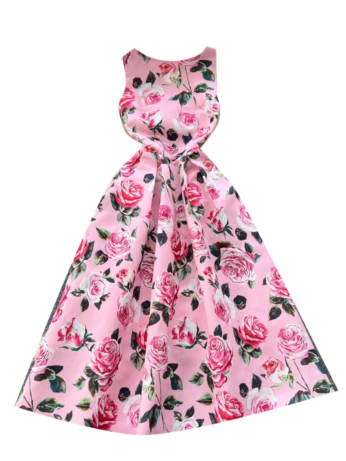 Women White Pink Flower Elegant Vest Long Dress 2025 Summer New Retro Sleeveless Fashion High Waist Pleated Dress Bohemian Trend