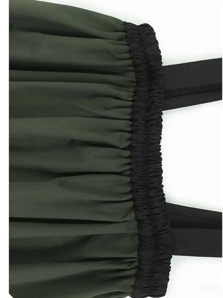 High Elastic Waist Black Green Color-block Pleated Strap Half-body Skirt Women Fashion Tide New Spring Autumn 2025 1DH9289