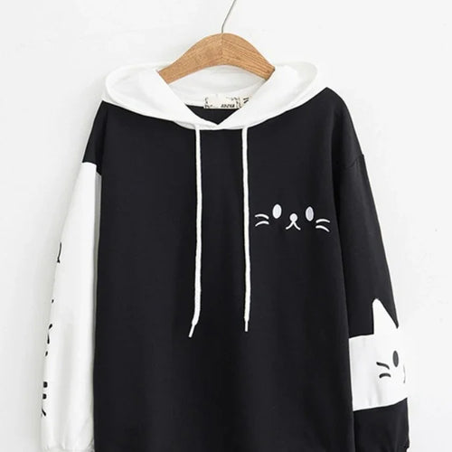 Load image into Gallery viewer, Women Hooded Sweatshirts Fall Winter Long Sleeve Hit Color Pullover Femme Cartoon Cat Embroidery Harajuku Hoodies
