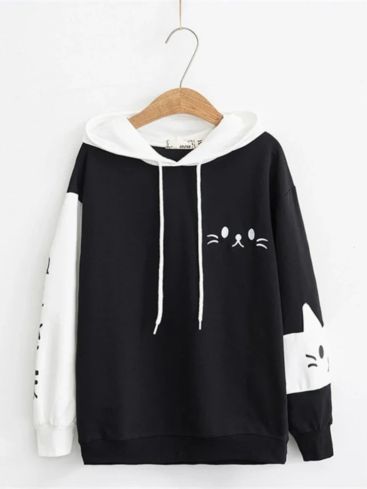 Women Hooded Sweatshirts Fall Winter Long Sleeve Hit Color Pullover Femme Cartoon Cat Embroidery Harajuku Hoodies