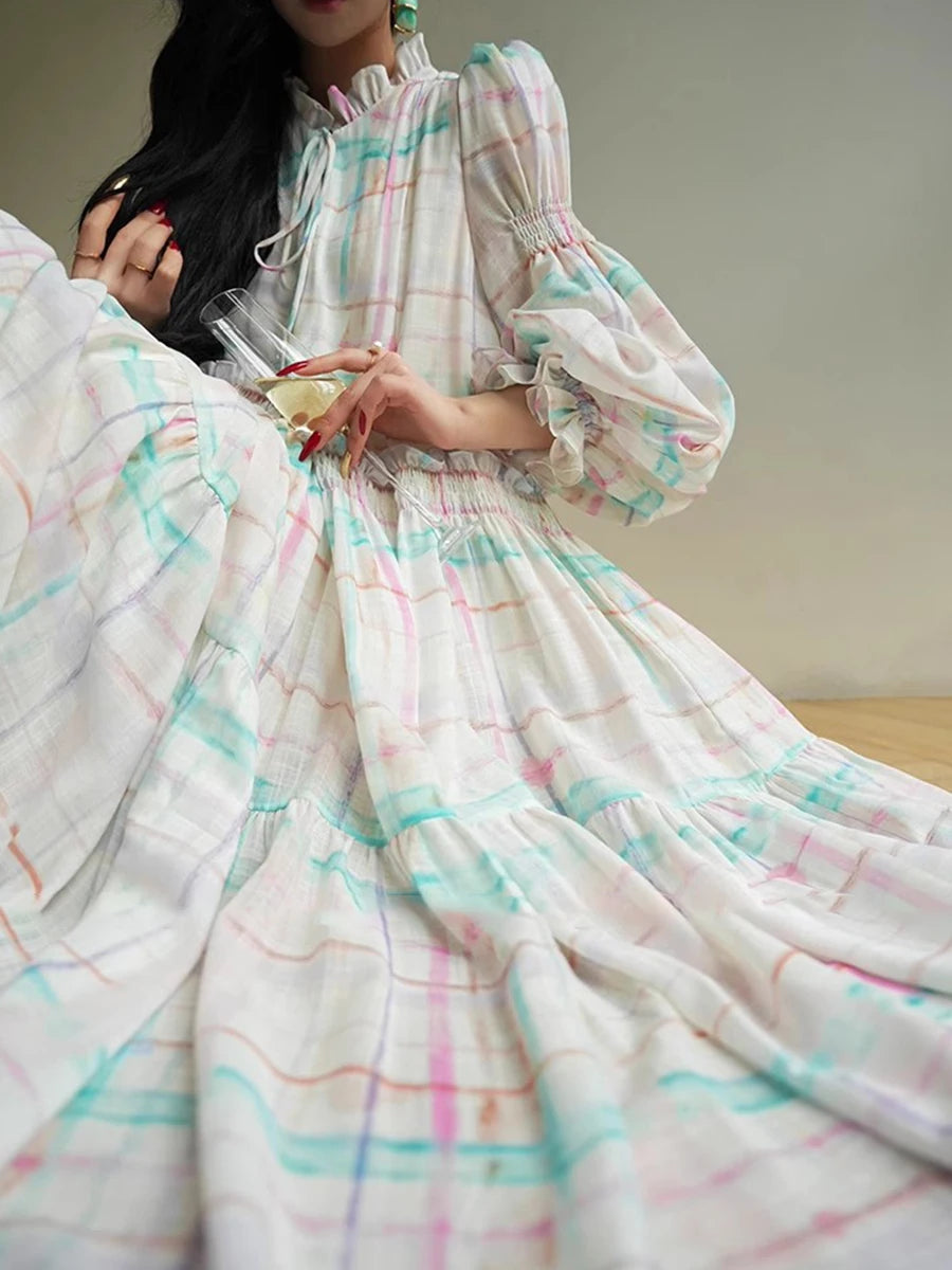 Hit Color Loose Casual Dresses For Women V Neck Long Sleeve High Waist Temperament Dress Female Fashion Style New