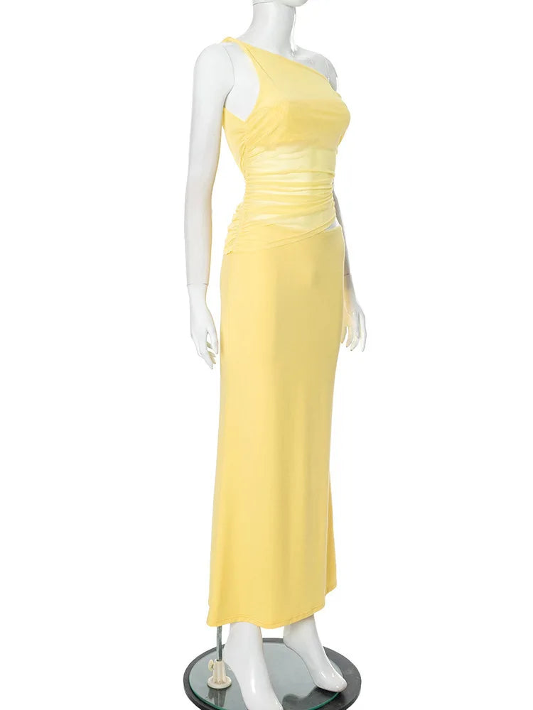 Diagonal Collar Backless Sexy Maxi Dress Women Gown Summer New Sleeveless Sheer Mesh Hollow Out Elegant Long Dress