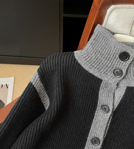 French Vintage 2024 New Women Grey Patchwork Long Sleeved Crochet Sweater Autumn Winter Single Breasted Loose Cardigan Knit Tops