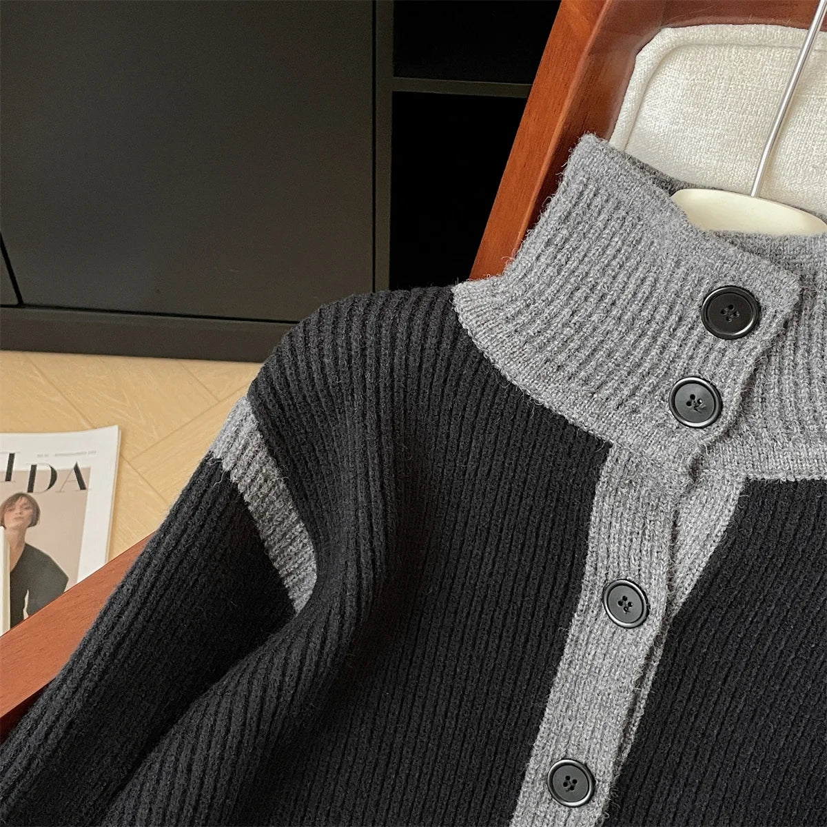 French Vintage 2024 New Women Grey Patchwork Long Sleeved Crochet Sweater Autumn Winter Single Breasted Loose Cardigan Knit Tops