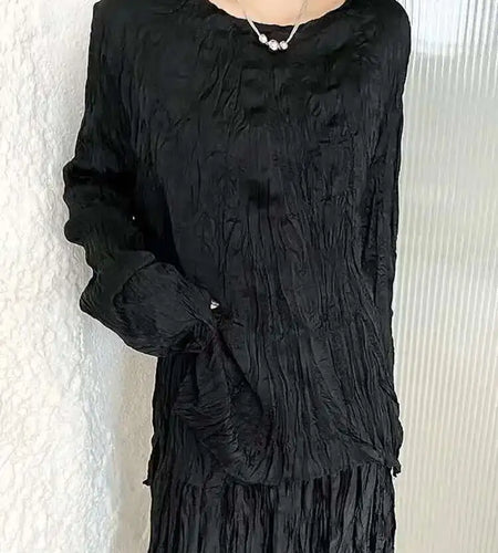 Women White Pleated Thin Big Size Casual T-shirt New Round Neck Long Sleeve Fashion Tide Spring Autumn 2025 1DH7229