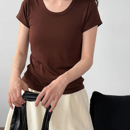 Load image into Gallery viewer, Women Coffee Plain Color Brief Elegant Slim T-shirt New Round Neck Short Sleeve Fashion Tide Spring Summer 2025 1DJ1902
