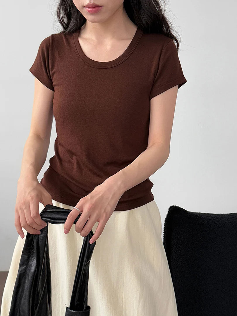Women Coffee Plain Color Brief Elegant Slim T-shirt New Round Neck Short Sleeve Fashion Tide Spring Summer 2025 1DJ1902