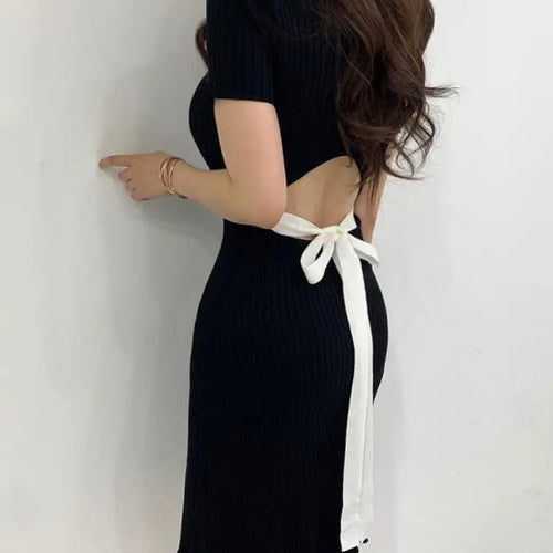 Load image into Gallery viewer, Summer Black Backless Short Sleeve Holiday Knit Midi Dress For Women Blue Sexy O-neck Slim Party Club Bow Bandage Dress 2025 New
