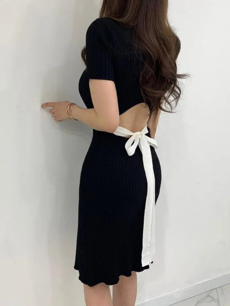 Summer Black Backless Short Sleeve Holiday Knit Midi Dress For Women Blue Sexy O-neck Slim Party Club Bow Bandage Dress 2025 New