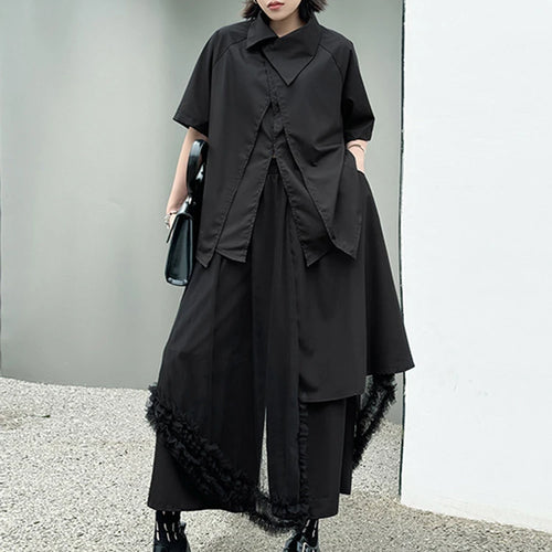 Load image into Gallery viewer, Big Size Black Irregular Shirt Mesh Pants Two Piece Suit New Lapel Short Sleeve Women Fashion Spring Summer 2025 1DJ1371
