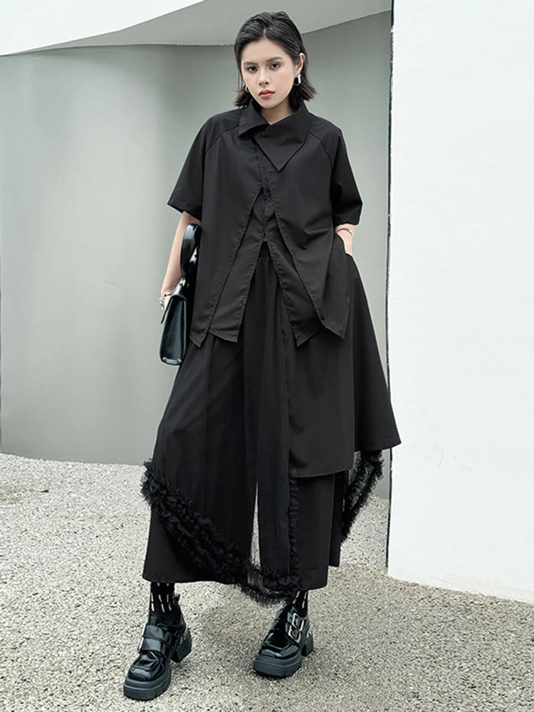 Big Size Black Irregular Shirt Mesh Pants Two Piece Suit New Lapel Short Sleeve Women Fashion Spring Summer 2025 1DJ1371