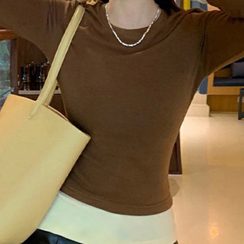 Load image into Gallery viewer, Coffee Spell Color Basic O-neck Women T-shirts New Slim Fake Two Piece Set Fashion Office Ladies Chic Casual Female Tops
