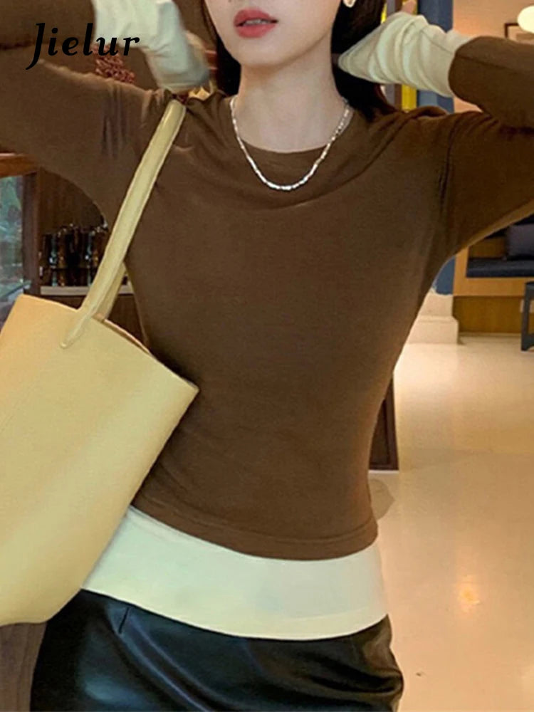 Coffee Spell Color Basic O-neck Women T-shirts New Slim Fake Two Piece Set Fashion Office Ladies Chic Casual Female Tops