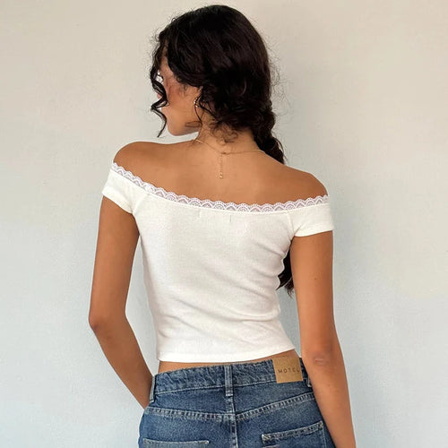 Load image into Gallery viewer, Fashion Chic White Knitted Summer T-shirts Female Lace Trim Off Shoulder Crop Top Basic Elegant Short Tee Shirts New
