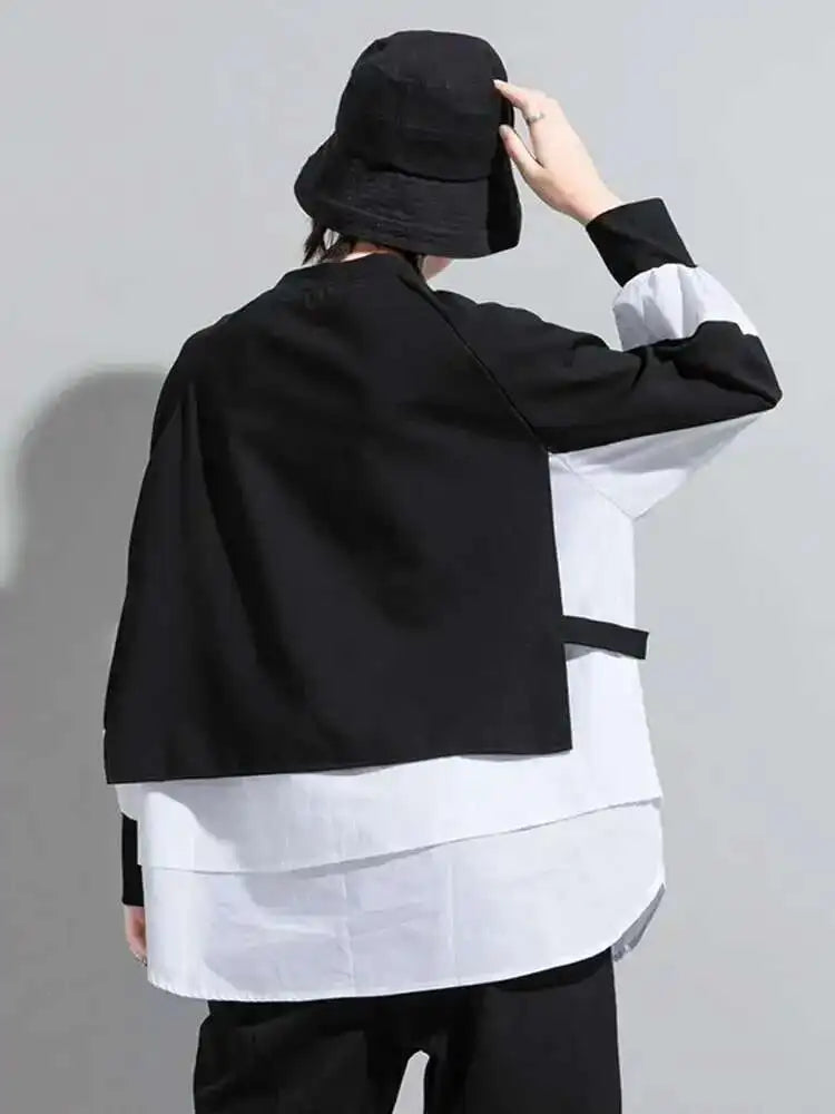 Women Contrast Color Split Joint Big Size T-shirt New Round Neck Long Sleeve  Fashion Tide  Spring Autumn 2025 1DC538