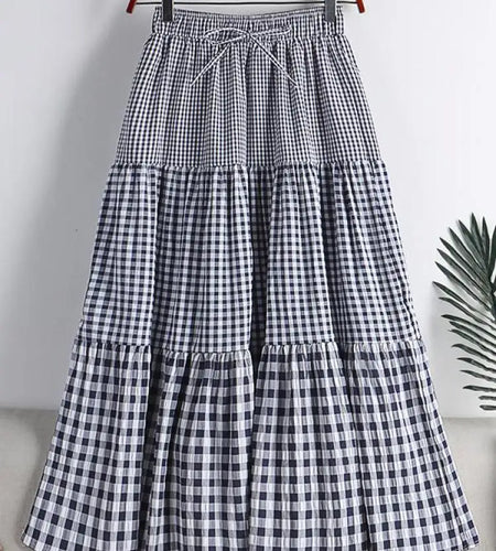 Skirt Womens Medium Long Elastic Waist A-line Vintage Plaid Skirts Female Summer Streetwear Casual Skirts Fashion 2022 New