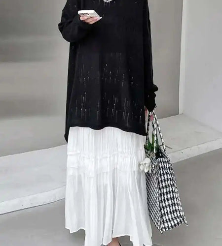 Black Hollow Out Big Size Knitting Sweater Round Neck Long Sleeve Women Pullovers New Fashion Spring Autumn 2025 1DJ0057