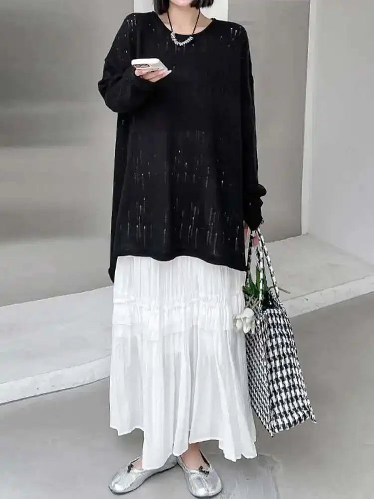 Black Hollow Out Big Size Knitting Sweater Round Neck Long Sleeve Women Pullovers New Fashion Spring Autumn 2025 1DJ0057