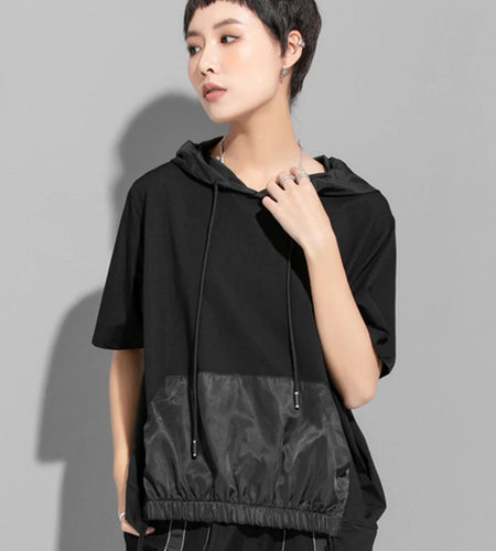 Women Black Thin Drawstring Big Size Casual T-shirt New Hooded Short Sleeve Fashion Tide Spring Summer 2025 1DJ1758
