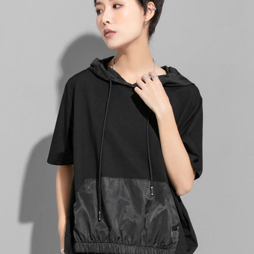 Load image into Gallery viewer, Women Black Thin Drawstring Big Size Casual T-shirt New Hooded Short Sleeve Fashion Tide Spring Summer 2025 1DJ1758
