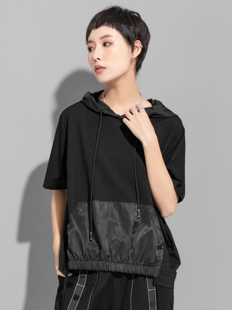 Women Black Thin Drawstring Big Size Casual T-shirt New Hooded Short Sleeve Fashion Tide Spring Summer 2025 1DJ1758