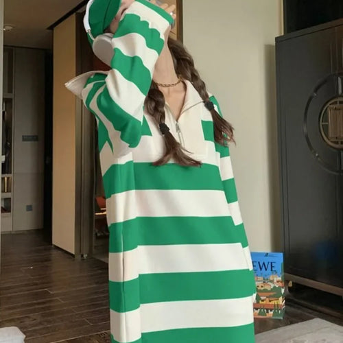 Load image into Gallery viewer, Autumn Korean Style Oversize Striped Zip Sport School Student Dress Kpop Streetwear Casual Loose Midi Dresses
