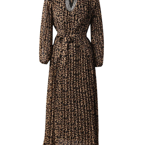 Load image into Gallery viewer, Women Brown Leopard Printed Rhinestones Long Dress New Round Neck Long Sleeve Fashion Tide Spring Autumn 2025 3WM2692
