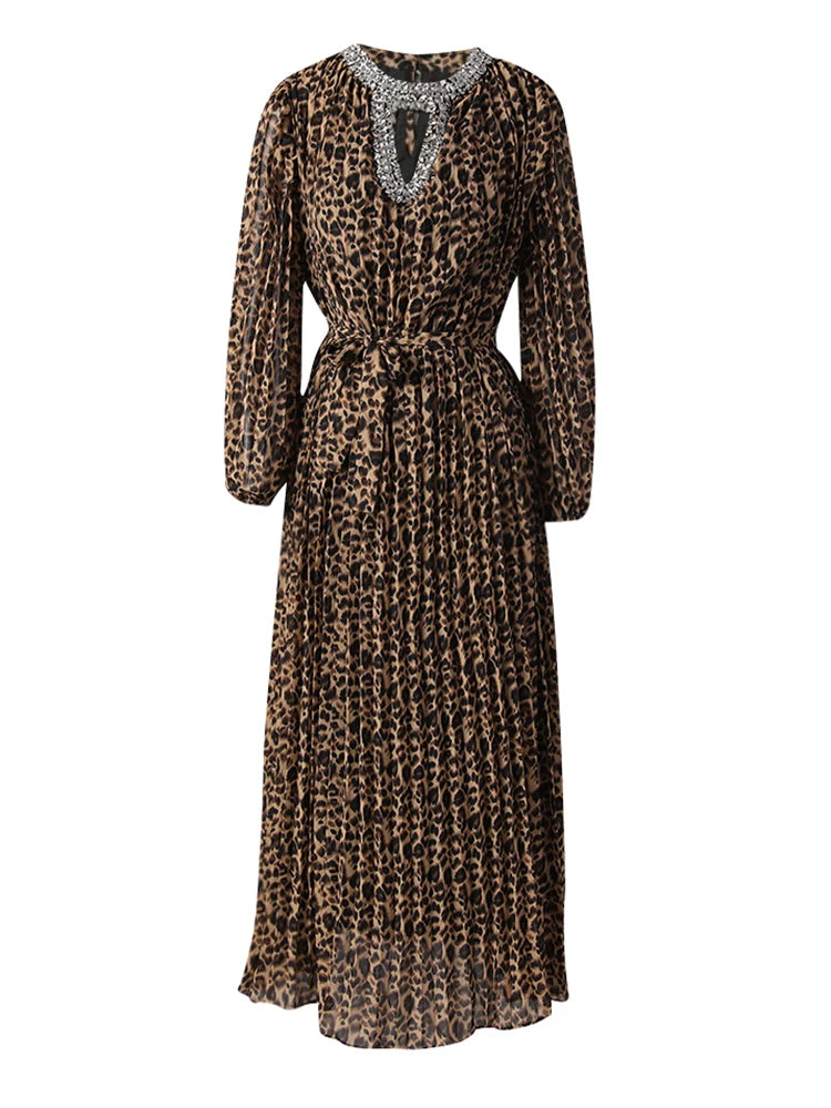 Women Brown Leopard Printed Rhinestones Long Dress New Round Neck Long Sleeve Fashion Tide Spring Autumn 2025 3WM2692