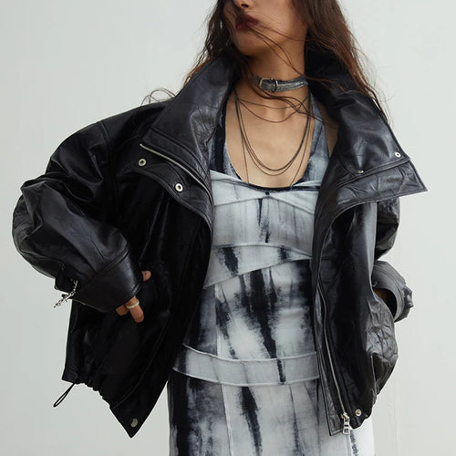 Load image into Gallery viewer, Black Big Size PU Leather Jacket New Removable Fur Collar Long Sleeve Women Coat Fashion Tide Spring Autumn 2025 1DH2121
