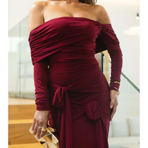 Load image into Gallery viewer, Elegant Long Sleeved Stretch Tight Bow Pleated Evening Dress Women Sexy Backless Bodycon Party Autumn Winter Vestido
