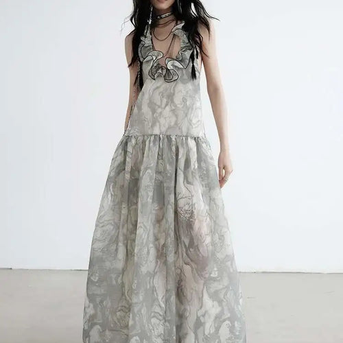 Load image into Gallery viewer, Women Gray Ruffled Backless Elegant Long Strapless Dress New Halter Sleeveless Fashion Tide Spring Autumn 2025 1DJ0014
