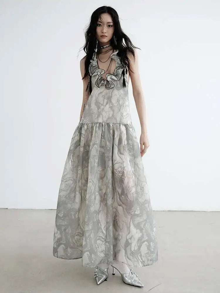 Women Gray Ruffled Backless Elegant Long Strapless Dress New Halter Sleeveless Fashion Tide Spring Autumn 2025 1DJ0014