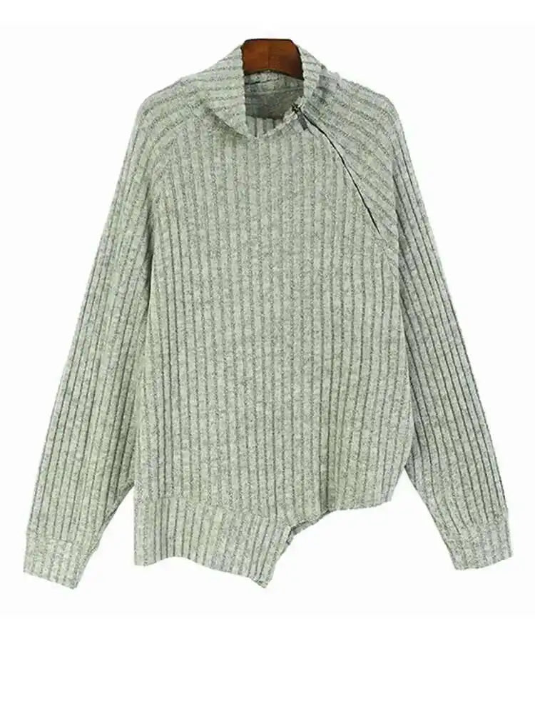 Gray Irregular Big Size Knitting Sweater Turtleneck Long Sleeve Women Pullovers New Fashion Spring Autumn 2025 1DH6800