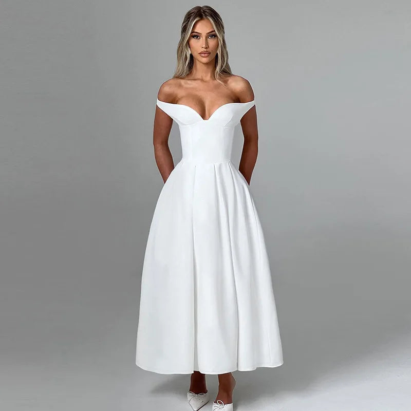 Off-shoulder Backless Pleated Maxi Dress Women Fashion Strapless Sleeveless High Waist A-line Club Long Dress Elegant