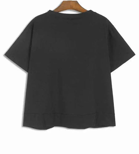 Women Black Striped Irregular Spliced Big Size T-shirt New Round Neck Short Sleeve Fashion Spring Summer  2025 1DH5229