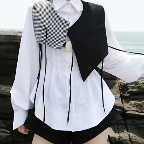 Load image into Gallery viewer, Women White Pleated Round Hem Blouse New Lapel Long Lantern Sleeve Loose Fit Shirt Fashion Tide Spring Autumn 2025 1T156
