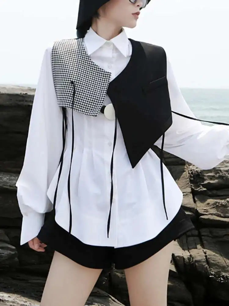 Women White Pleated Round Hem Blouse New Lapel Long Lantern Sleeve Loose Fit Shirt Fashion Tide Spring Autumn 2025 1T156