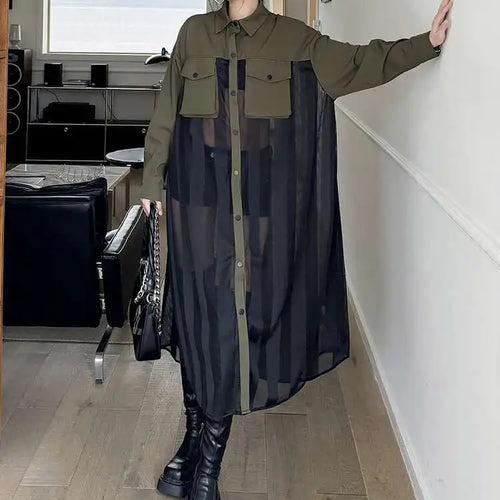 Load image into Gallery viewer, Women Army Green Mesh Color-block Big Size Long Shirt Dress New Lapel Long Sleeve Fashion Tide Spring Autumn 2025 1DH6066

