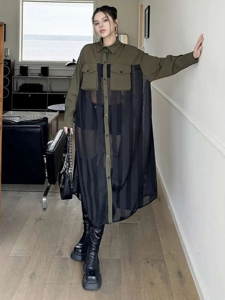Women Army Green Mesh Color-block Big Size Long Shirt Dress New Lapel Long Sleeve Fashion Tide Spring Autumn 2025 1DH6066