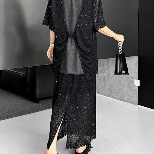Load image into Gallery viewer, Black Lace T-shirt Back Slit Skirt Two Pieces Suit New Round Neck Short Sleeve Women Fashion Spring Summer 2025 1DJ1159
