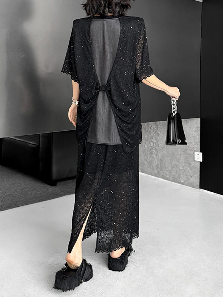 Black Lace T-shirt Back Slit Skirt Two Pieces Suit New Round Neck Short Sleeve Women Fashion Spring Summer 2025 1DJ1159